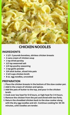 the ingredients for chicken noodles are shown in this recipe card, which includes instructions to make them