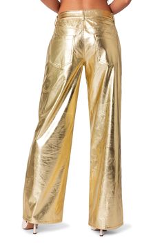 A bold metallic finish brings plenty of retro glamour to these faux-leather pants in a wide-leg silhouette. Zip fly with button closure Five-pocket style 100% polyurethane Hand wash, dry flat Imported Jeans Loose Fit, Gold Pants, Metallic Jeans, Metallic Pants, Retro Glamour, Swimwear Dress, Flare Leg Pants, Metallic Fabric, Faux Leather Pants