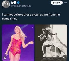 an image of a woman singing on stage with the caption i cannot't believe these pictures are from the same show