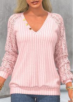 ROTITA Lace Patchwork Pink Round Neck Long Sleeve Sweatshirt | Rotita.com - USD $32.98 Light Pink Blouses, Stylish Tops For Women, Raglan Sleeve Sweatshirt, Trendy Tops For Women, Trendy Fashion Tops, Pink Blouse, Trendy Tops, Long Sleeve Casual, Long Sleeve Lace