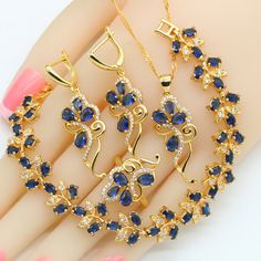 Blue Flower Sapphire Jewelry Sets 18K Gold for Women Blue Sapphire Jewelry Set, Sapphire Jewelry Set, Blue Sapphire Jewelry, Indian Wedding Jewelry Sets, Gold For Women, Costume Jewelry Sets, Gold Jewelry Sets, Flower Blue, Silver Jewellery Sets