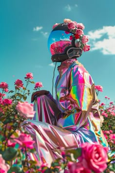 a person sitting on top of a field of pink flowers wearing a colorful suit and helmet