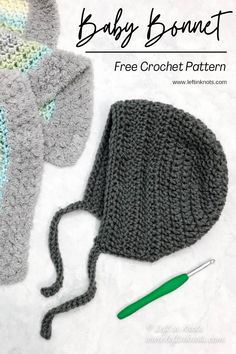 the crochet bonnet is next to an adult sized hat and knitting needles are shown