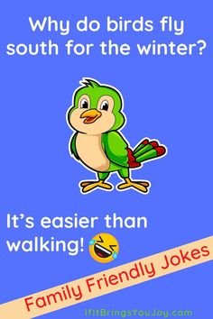 a green bird with the words, why do birds fly south for the winter? it's easier than walking