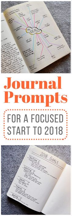 an open book with the words journal prompts for a focused start to 2018 on it