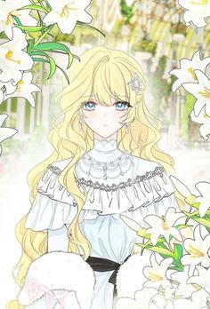 a girl with long blonde hair and blue eyes is standing in front of flowers, surrounded by white lilies