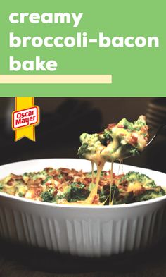 a broccoli and bacon bake in a white casserole dish with the title creamy broccoli - bacon bake