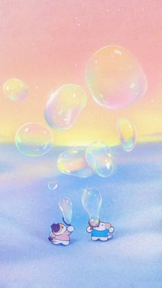 two bubbles floating in the air with winnie the pooh and piggie on them