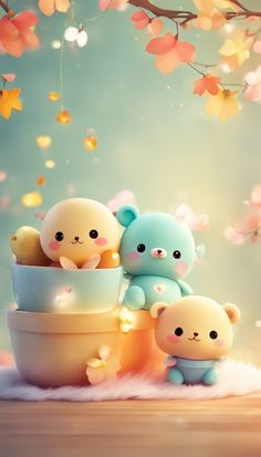 three little bears are sitting in front of a large bowl with two smaller ones next to it