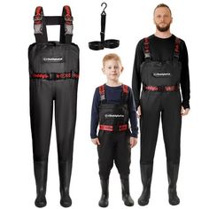 a man standing next to a little boy in black wetsuits and waders