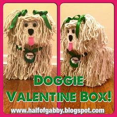 two dogs made out of yarn with green bows on their heads