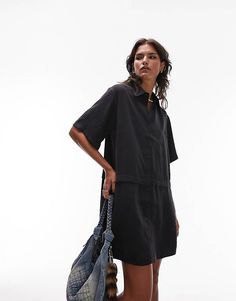 Topshop oversized mini shirtdress in black | ASOS Simple Black Dress, Dresses Dresses, Black Dresses Casual, Shirtdress, Embroidered Shirt, Black Casual, Button Placket, Jeans Shop, Casual Dresses For Women