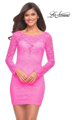 This La Femme lace homecoming dress is a beautiful blend of style and sophistication. Over a lining with a plunging v-neckline, sheer lace hugs the curves in this tight bodycon homecoming dress to create an illusion scoop neckline, long sleeves, and back. The sultry peek-a-boo details on this designer homecoming dress create a sensational, feminine look that's irresistible. Make an unforgettable appearance at your next school dance wearing this short lace homecoming dress with sheer long slee... Light Periwinkle, Off Shoulder Cocktail Dress, Curve Hugging Dress, Sequin Homecoming Dress, Long Sleeve Sheath Dress, Long Sleeve Fitted Dress, School Dance, Short Lace Dress, Short Homecoming Dress