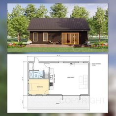 the floor plan for a small cabin with an open living area and kitchen, is shown