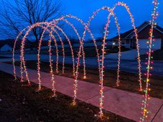 an arch covered in christmas lights next to a sidewalk