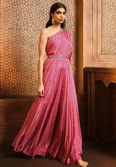 Aneesh Agarwaal-Pink Persian One Shoulder Jumpsuit And Belt-INDIASPOPUP.COM Jumpsuits For Women Indian, Aneesh Agarwaal, Indian Jumpsuit, Indo Western Outfits For Women, Indian Outfits Modern, Jumpsuit With Belt, Trendy Outfits Indian, Pleated Jumpsuit, Jumpsuit For Women