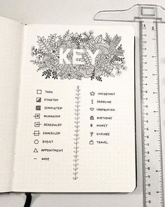 an open notebook with drawings on it next to a ruler