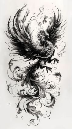 a black and white drawing of a bird with swirls on it's wings