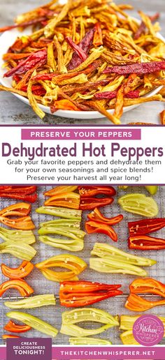 deli roasted hot peppers on a white plate with text overlay that reads, freezer your recipe dehydrated hot peppers