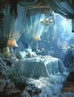 an underwater bedroom is shown in this image