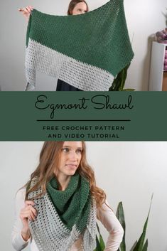 a woman wearing a green and white shawl with text overlay that reads, eymont shawl free crochet pattern and video tutor