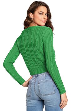 Length: 17 inCropped cardigan with a classic, cable knit look and a button-front closure. Long sleeves, with a v-neckline. CARE | Hand Wash Cold CONTENTS | 100% Acrylic MEASUREMENTS | 17"/43 cm Top to Bottom (Size Small) MODEL | 5'8 - wearing a size Small IMPORTED Fitted Green Cable Knit Cardigan, Green Cable Knit V-neck Sweater, Green V-neck Cable Knit Sweater, Fitted Cable Knit V-neck Cardigan, Knit Crop Cardigan, Crop Cardigan, Knit Crop, Cropped Cardigan, Cable Knit