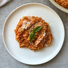 a white plate topped with pasta covered in sauce and parmesan cheese on top