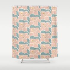 a pink and blue shower curtain with an abstract pattern on the front, in pastel colors