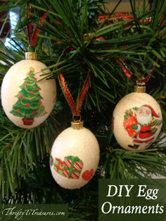 three ornaments hanging from a christmas tree with the words diy egg ornaments on them