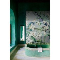 a bath tub sitting next to a mirror in a room with green walls and plants on the wall