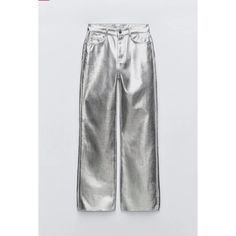 Nwot High-Waist Jeans With Five Pockets. Straight-Leg Design With Seamless Hems. Front Zip Fly And Metal Button Fastening. Straight Leg Silver Jeans, Metallic Trousers, Silver Pants, Straight Cut Pants, Metallic Jeans, Metallic Pants, Metallic Look, Straight Cut Jeans, Zara Jeans