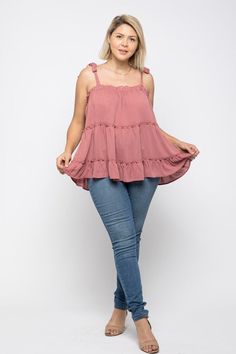 Woven tiered top with tie straps 100% Polyester Model is 5'9", wearing a 1X This item is a part of our Curvy Collection Top With Tie Straps, Tie Strap Top, Tiered Tops, Woven Top, Strap Tops, Open Shoulder Tops, Women's Top, How To Wear