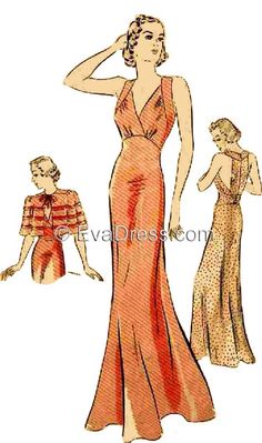 1937 Nightgown and Cape EvaDress Pattern Costume Sketches, 1930's Dresses, Vintage Fashion 1930s, Evening Dress Patterns, Fitting Skirt, Shoulder Cape, Eva Dress, Frock Patterns, Cute Coats