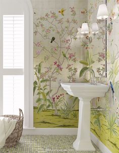 Enchanted Garden Silver Chinoiserie mural charms with colorful birds, colorful blooming trees and tropical plants on a silver metallic Type II Wallcovering. This mural spans 30 lineal feet, comprised of 10 panels available before pattern repeats. Printed on Type II Metallic Mylar. Sold by the individual panel. Samples ship in 2-3 days. Dimensions• Each panel measures 36" wide by 108" tall. Design height: 96".• The mural's 10 panels cover 30 linear feet before the scene repeats. Availability: Due Silver Chinoiserie Wallpaper, Silver Wallpaper Bathroom, Bathroom With Wallpaper, Traditional Decor Southern, Chinoiserie Mural, Garden Mural, Silver Wallpaper, With Wallpaper, Blooming Trees