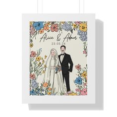 a wedding card with an illustration of a bride and groom standing in front of flowers