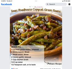 an image of green beans with bacon in a bowl on the facebook page that reads, texas panachee cupcake green beans