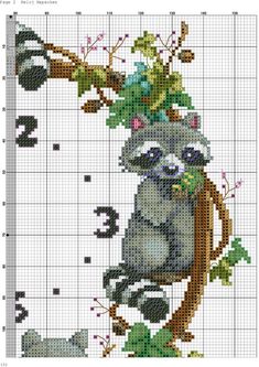 a cross stitch pattern with a raccoon sitting on a tree branch