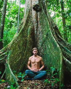 a shirtless man sitting in the middle of a forest next to a large tree