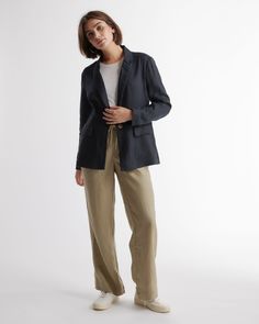 Who doesn't want to throw on the effortless look of linen to top off their outfit? The single-breasted European Linen Blazer is here to do just that. Relaxed fit, functional pockets, breathable, and lightweight. We love her for work, vacation, and weekends—versatile is an understatement.  | Quince | Women's 100% European Linen Blazer in Black, Size Small Summer Business Casual Relaxed Fit Blazer, Casual Summer Blazer For Everyday, Summer Blazer With Pockets In Relaxed Fit, Casual Summer Blazer In Relaxed Fit, Casual Summer Blazer With Relaxed Fit, Summer Relaxed Fit Blazer With Pockets, Relaxed Fit Outerwear For Summer Casual Gatherings, Spring Linen Blazer For Everyday Wear, Linen Blazer For Everyday Spring Wear