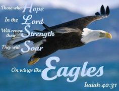 an eagle flying in the sky with words above it that read, those who hope in the lord strength soar