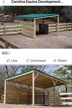 two pictures showing the different stages of building an outdoor horse pen and how to use it