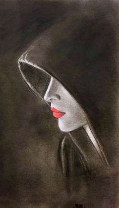 a drawing of a woman wearing a hat with red lips on her lips and black background