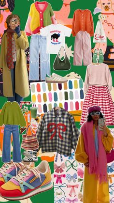 An eclectic collage of colorful outfit inspiration. Colorful Minimalist Fashion, Quirky Fashion, Fashion Collage, Cute Preppy Outfits, Family Fashion, Funky Fashion, Pinterest Outfits, Kpop Fashion Outfits, Cute Simple Outfits