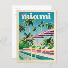 a greeting card with an image of a pool and palm trees in miami, florida