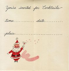 an old fashioned christmas card with santa clause holding a wine glass and pointing to the left