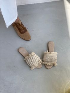 Upper: cotton yarn Insole: leather Comfy, soft and non-stretching Comfortable Brown Slides For Spring, Comfortable Beige Slides With Woven Sole, Casual Brown Sandals With Tassels, Comfortable Beige Slides For Vacation, Casual Brown Slides For Spring, Beige Summer Slides With Woven Sole, Comfortable Cotton Sandals For Summer, Trendy Beige Slides For Vacation, Comfortable Cotton Summer Sandals