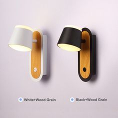 two different types of wall lights mounted on the wall, one with a black - and - wood grain finish