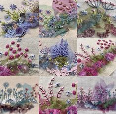 several pictures of different flowers and plants on a piece of cloth with some stitched together