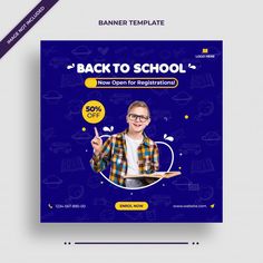 the back to school flyer is shown with an image of a man in plaid shirt and glasses