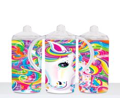 three bottles with unicorns painted on them, one is white and the other is multicolored